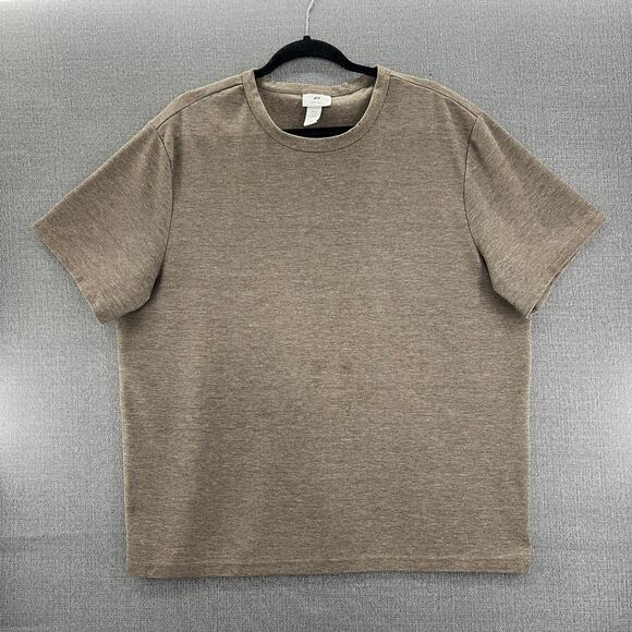 H&M Mens Dark Beige Regular Fit Crew Neck Cotton Blend Woven Waffled T Shirt XL - Picture 2 of 9